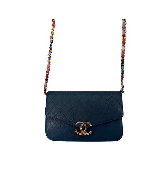Chanel Paris-Cuba Thread Around Flap Bag Blue Caviar Chain Shoulder Bag Gold