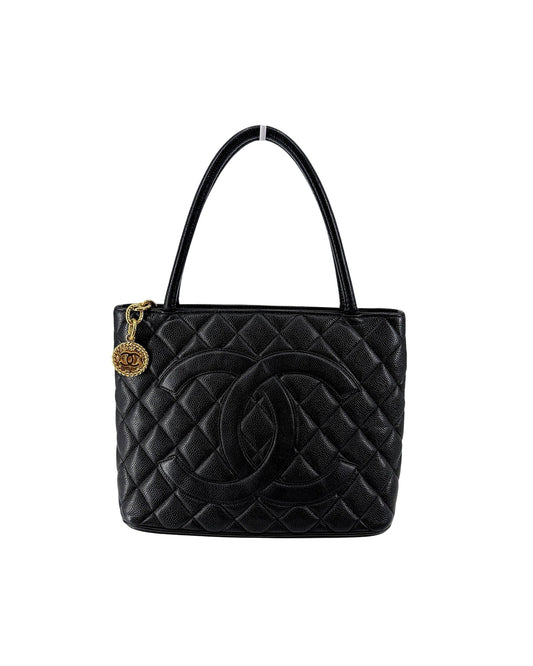 Chanel Black Caviar Quilted Medallion Tote Bag Gold Hardware CC Charm Vintage