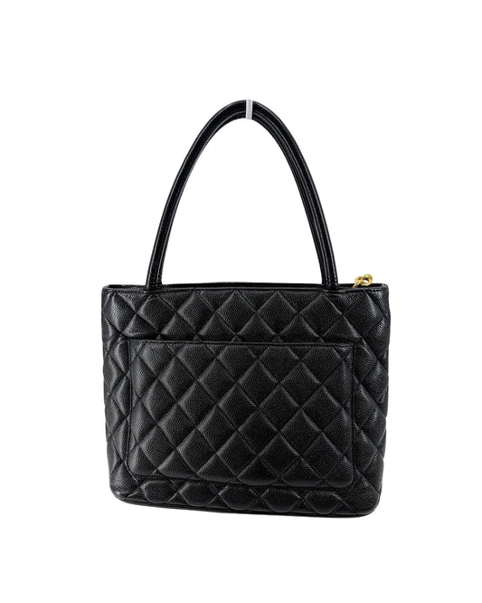 Chanel Black Caviar Quilted Medallion Tote Bag Gold Hardware CC Charm Vintage
