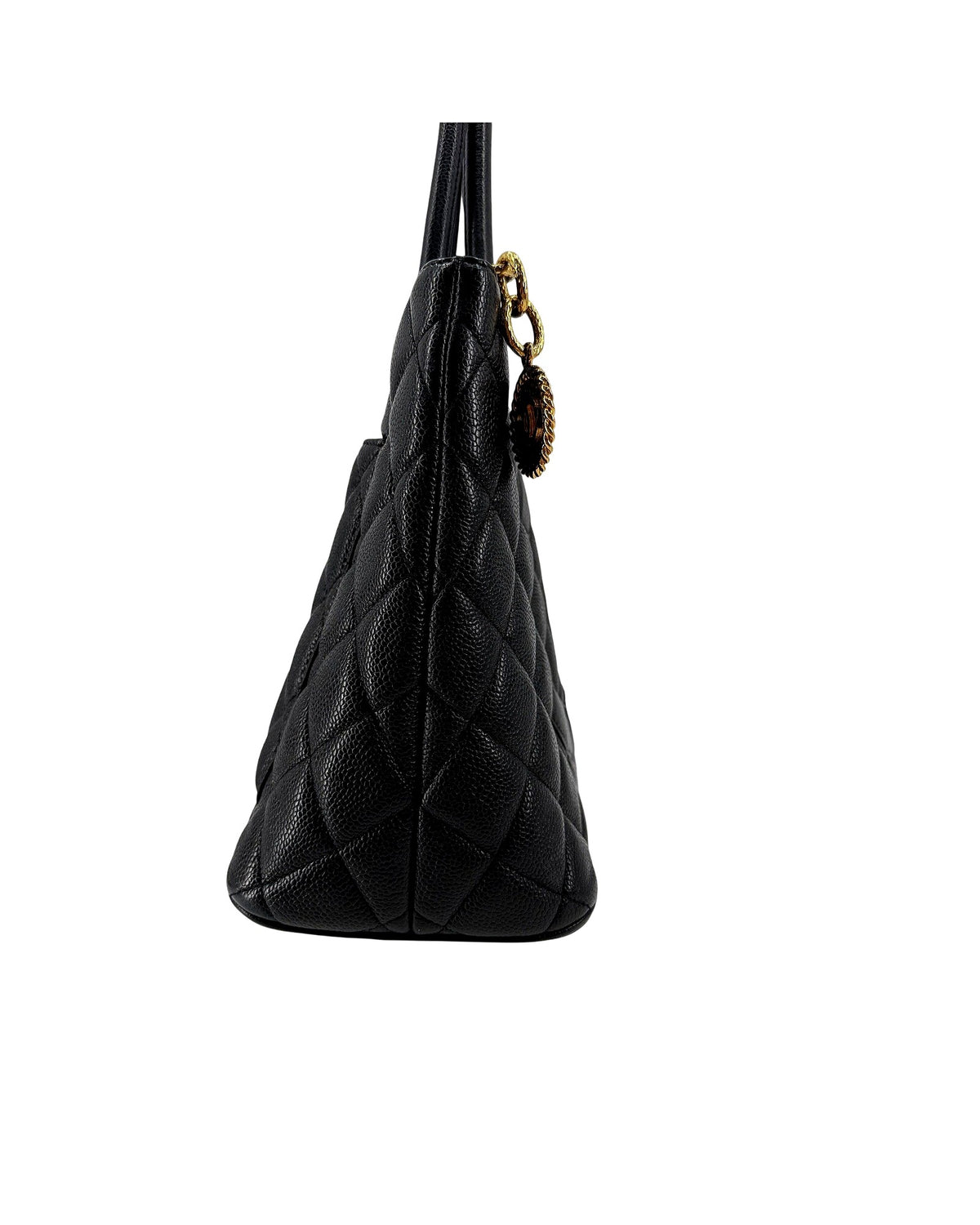 Chanel Black Caviar Quilted Medallion Tote Bag Gold Hardware CC Charm Vintage
