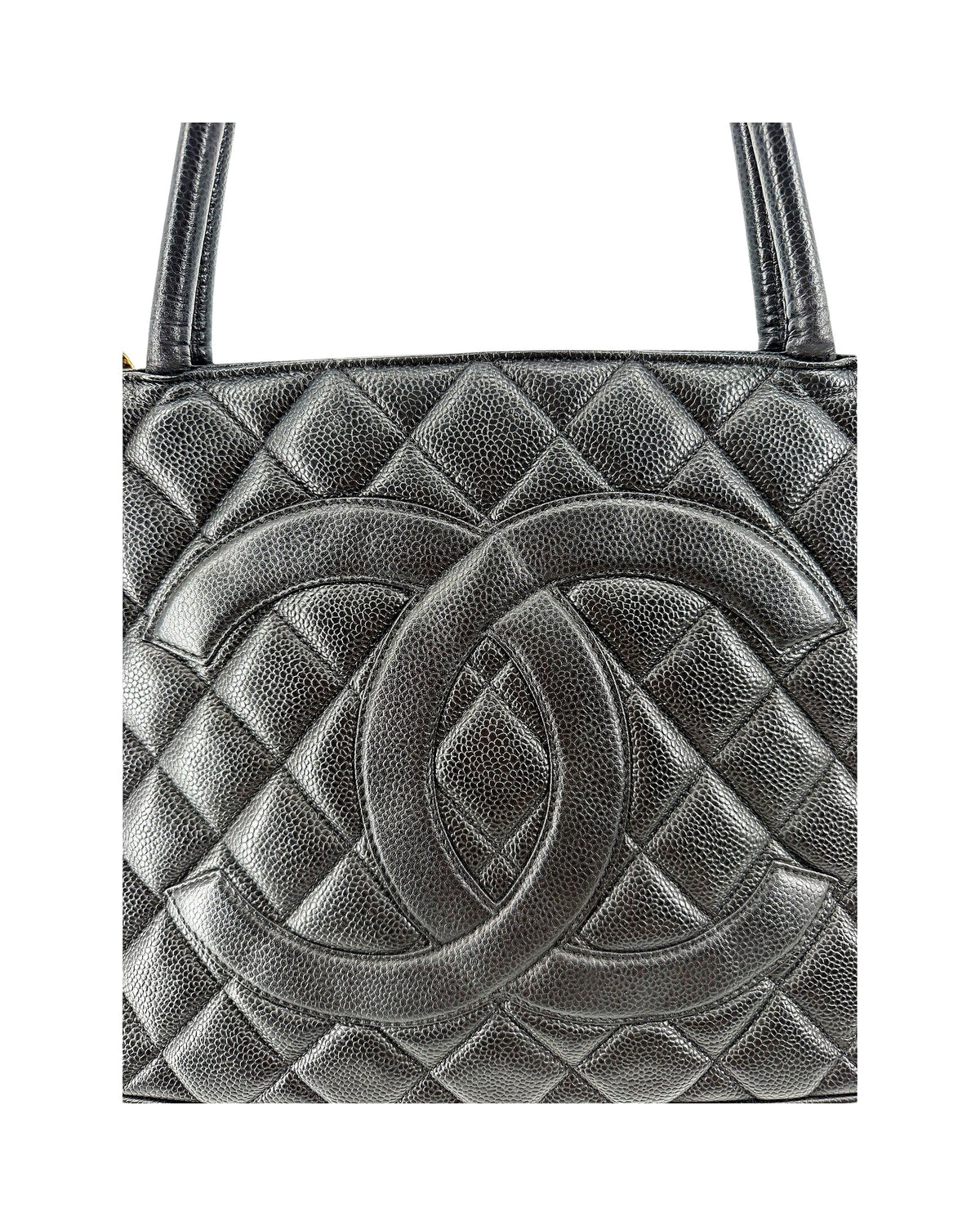 Chanel Black Caviar Quilted Medallion Tote Bag Gold Hardware CC Charm Vintage