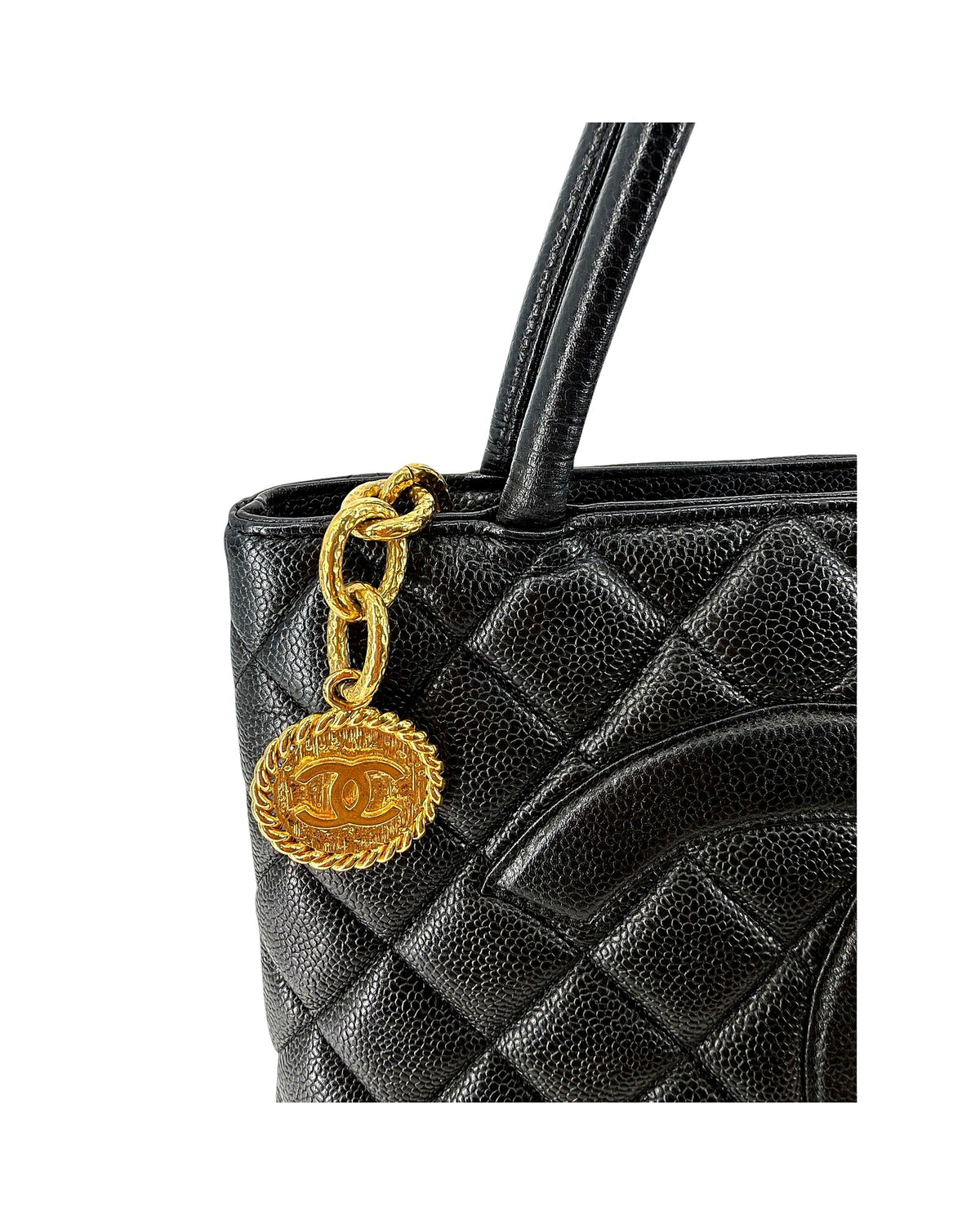 Chanel Black Caviar Quilted Medallion Tote Bag Gold Hardware CC Charm Vintage