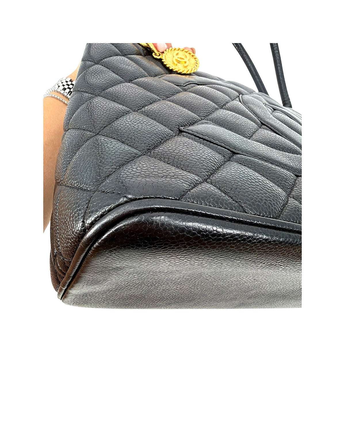 Chanel Black Caviar Quilted Medallion Tote Bag Gold Hardware CC Charm Vintage