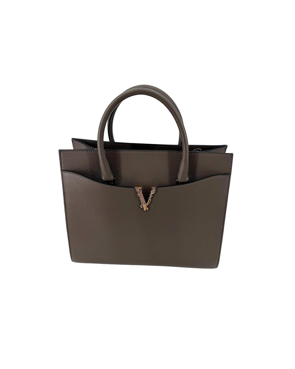 Versace Virtus Large Top Handle Bag Taupe Grey Grainy Calf Leather Gold V NEW