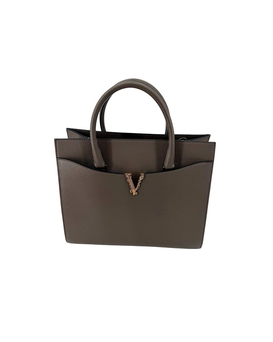 Versace Virtus Large Top Handle Bag Taupe Grey Grainy Calf Leather Gold V NEW