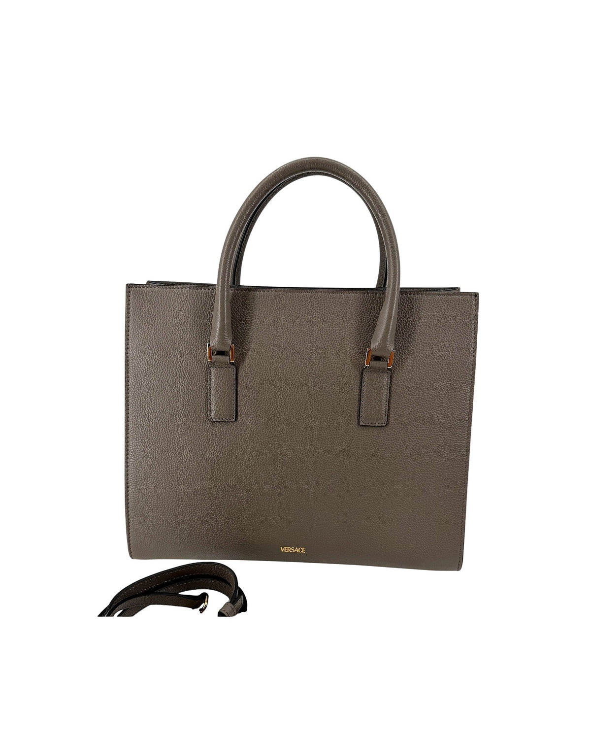 Versace Virtus Large Top Handle Bag Taupe Grey Grainy Calf Leather Gold V NEW