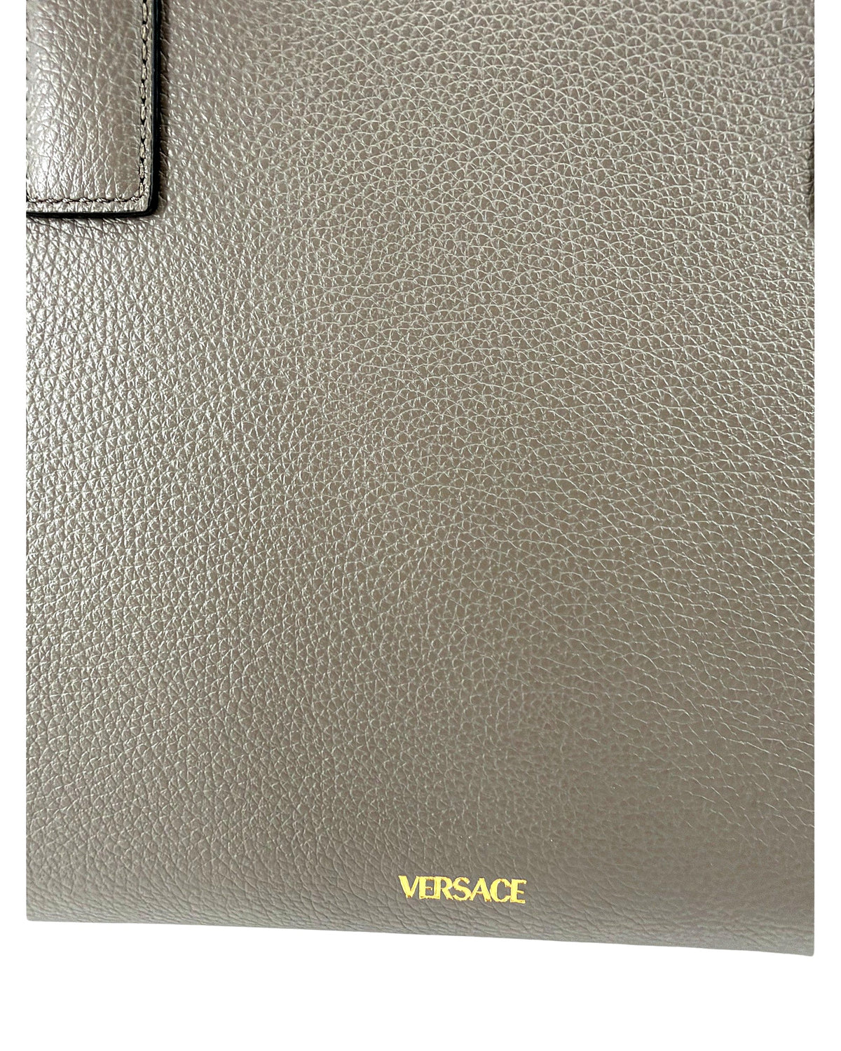 Versace Virtus Large Top Handle Bag Taupe Grey Grainy Calf Leather Gold V NEW