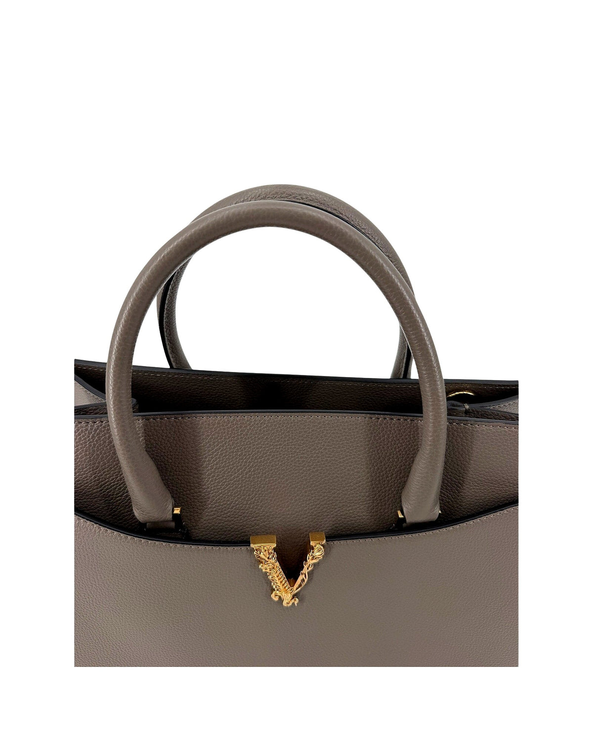 Versace Virtus Large Top Handle Bag Taupe Grey Grainy Calf Leather Gold V NEW