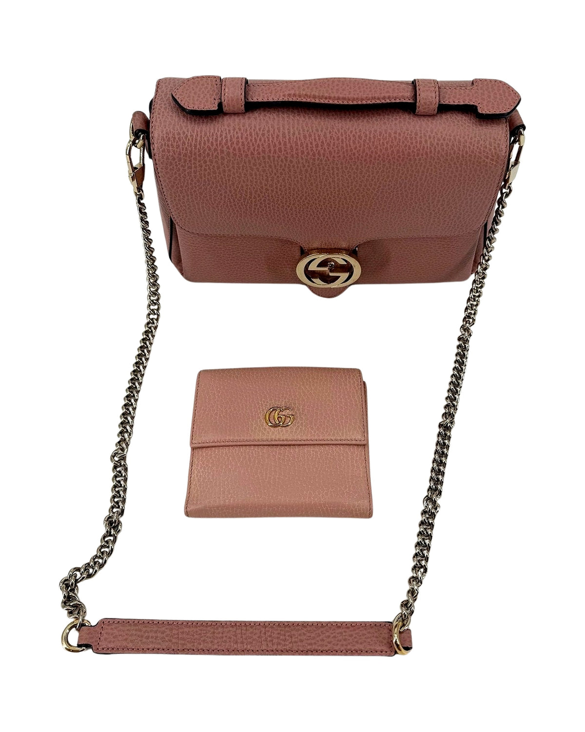 Gucci GG Marmont French Flap Wallet Dusty Pink Leather Compact Bifold Gold GG