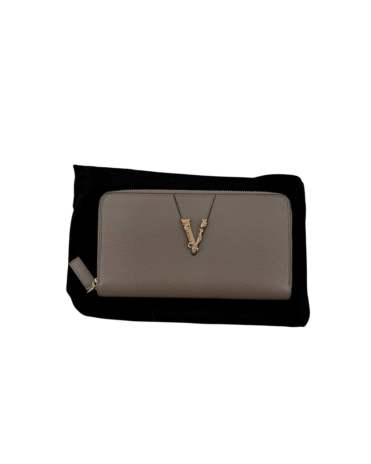 Versace Virtus Zip Around Wallet Taupe Grey Grainy Calf Leather Gold V NEW