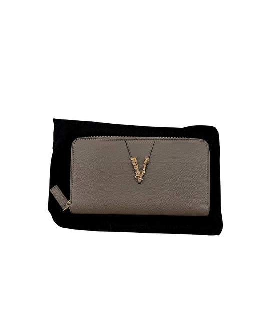 Versace Virtus Zip Around Wallet Taupe Grey Grainy Calf Leather Gold V NEW