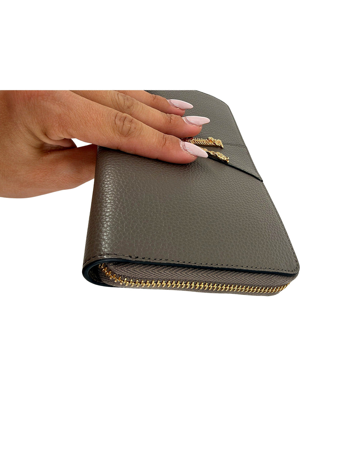 Versace Virtus Zip Around Wallet Taupe Grey Grainy Calf Leather Gold V NEW