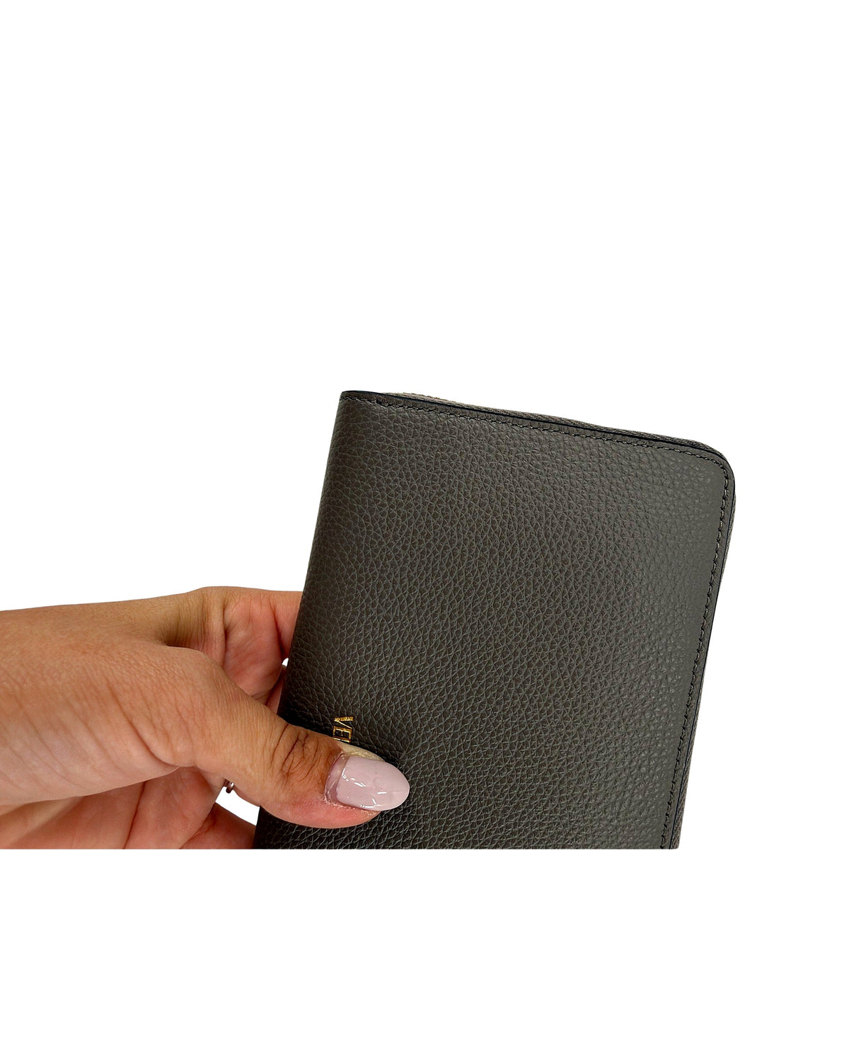 Versace Virtus Zip Around Wallet Taupe Grey Grainy Calf Leather Gold V NEW