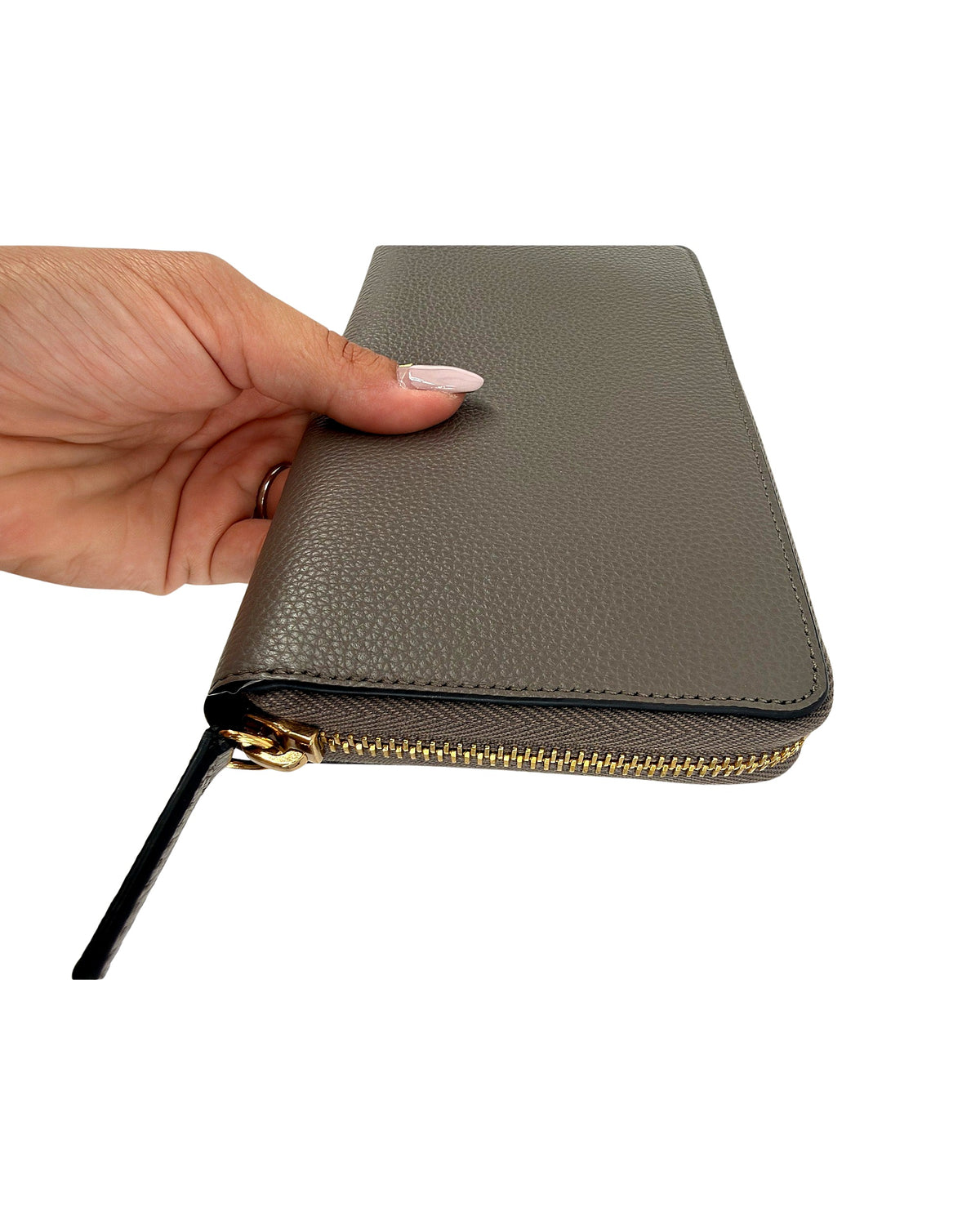 Versace Virtus Zip Around Wallet Taupe Grey Grainy Calf Leather Gold V NEW