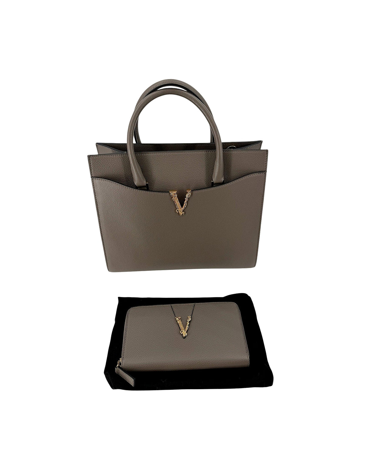 Versace Virtus Zip Around Wallet Taupe Grey Grainy Calf Leather Gold V NEW