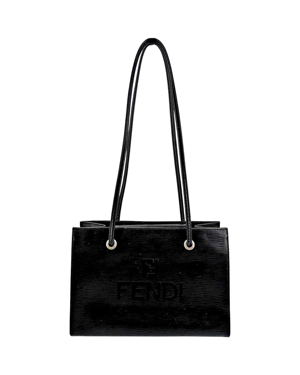 Fendi Vintage Black Ridged Leather Shoulder Tote Bag Embossed FF Logo Italy