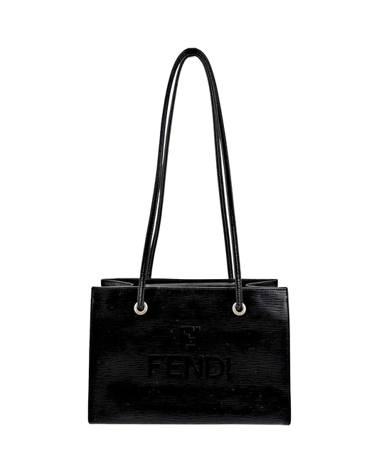 Fendi Vintage Black Ridged Leather Shoulder Tote Bag Embossed FF Logo Italy
