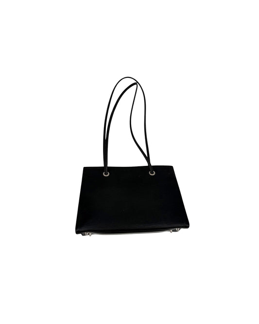 Fendi Vintage Black Ridged Leather Shoulder Tote Bag Embossed FF Logo Italy