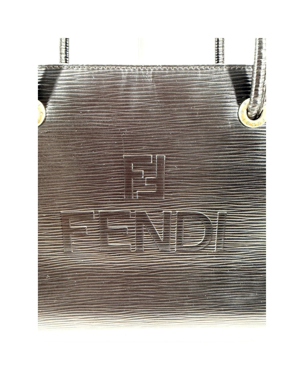 Fendi Vintage Black Ridged Leather Shoulder Tote Bag Embossed FF Logo Italy