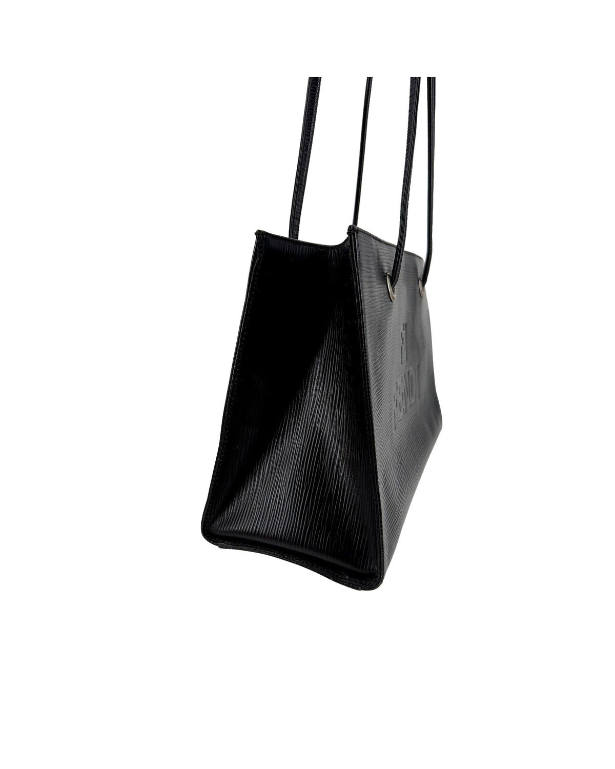 Fendi Vintage Black Ridged Leather Shoulder Tote Bag Embossed FF Logo Italy