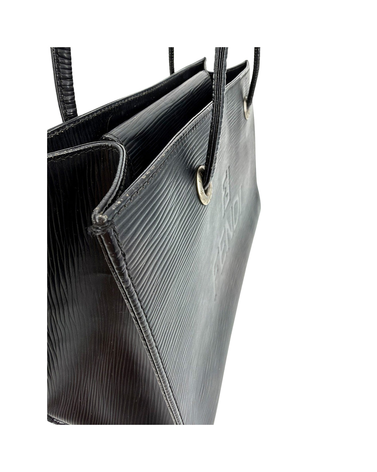 Fendi Vintage Black Ridged Leather Shoulder Tote Bag Embossed FF Logo Italy