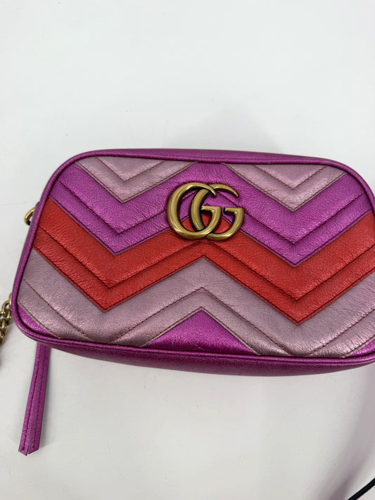 Gucci GG Marmont Small Matelasse Camera Bag Metallic Pink Red Chevron Heart 447632
