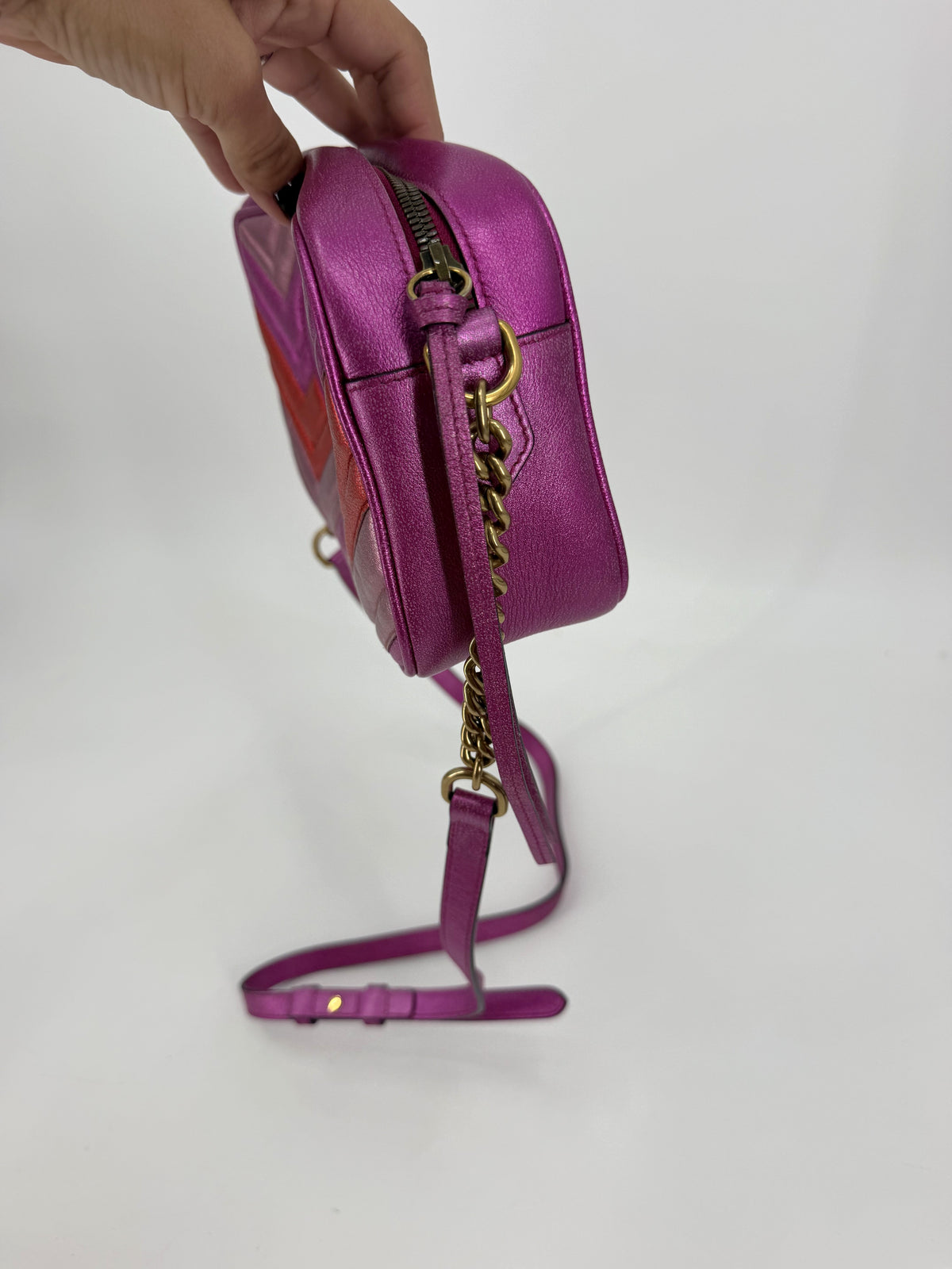 Gucci GG Marmont Small Matelasse Camera Bag Metallic Pink Red Chevron Heart 447632