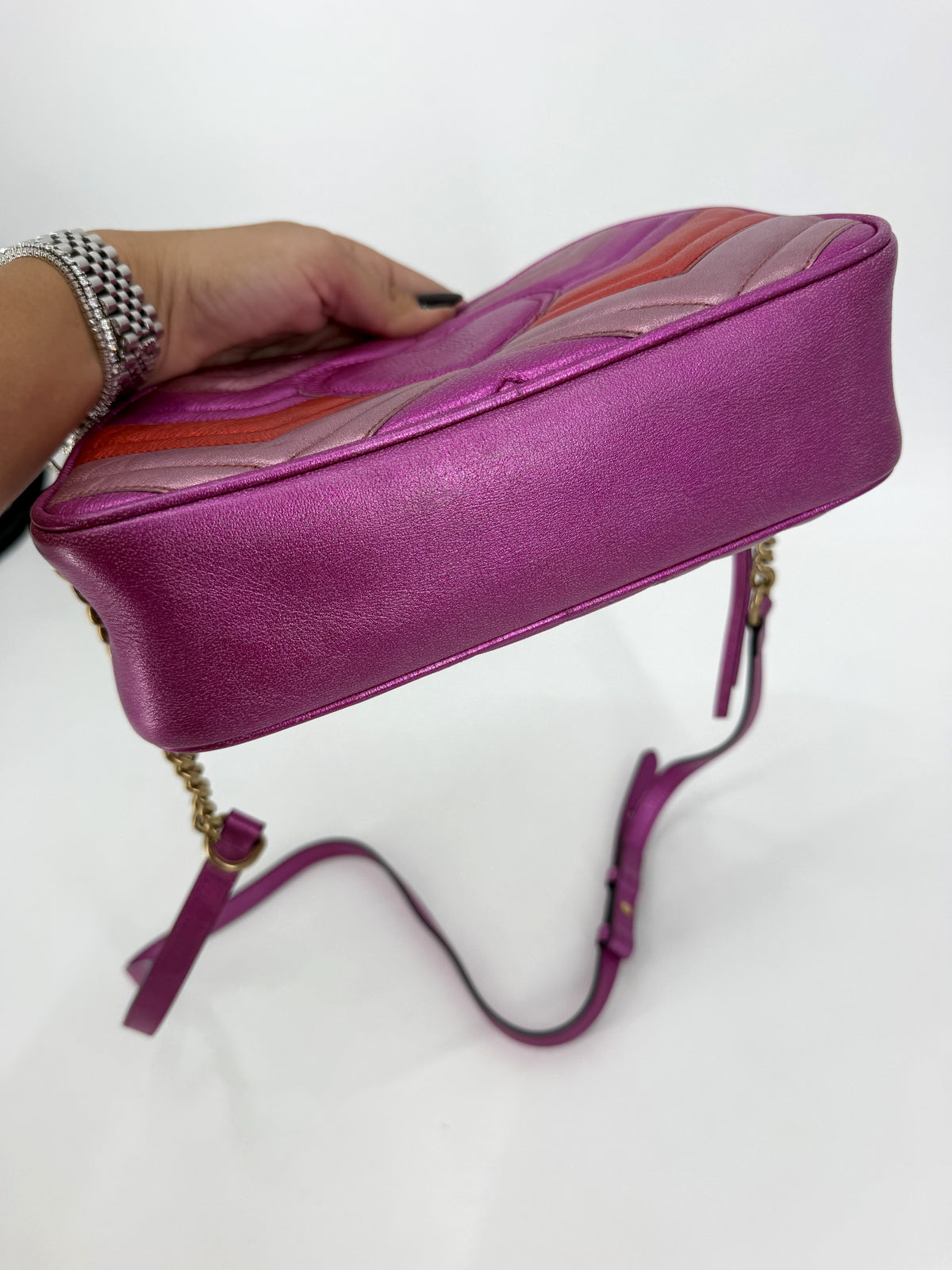 Gucci GG Marmont Small Matelasse Camera Bag Metallic Pink Red Chevron Heart 447632