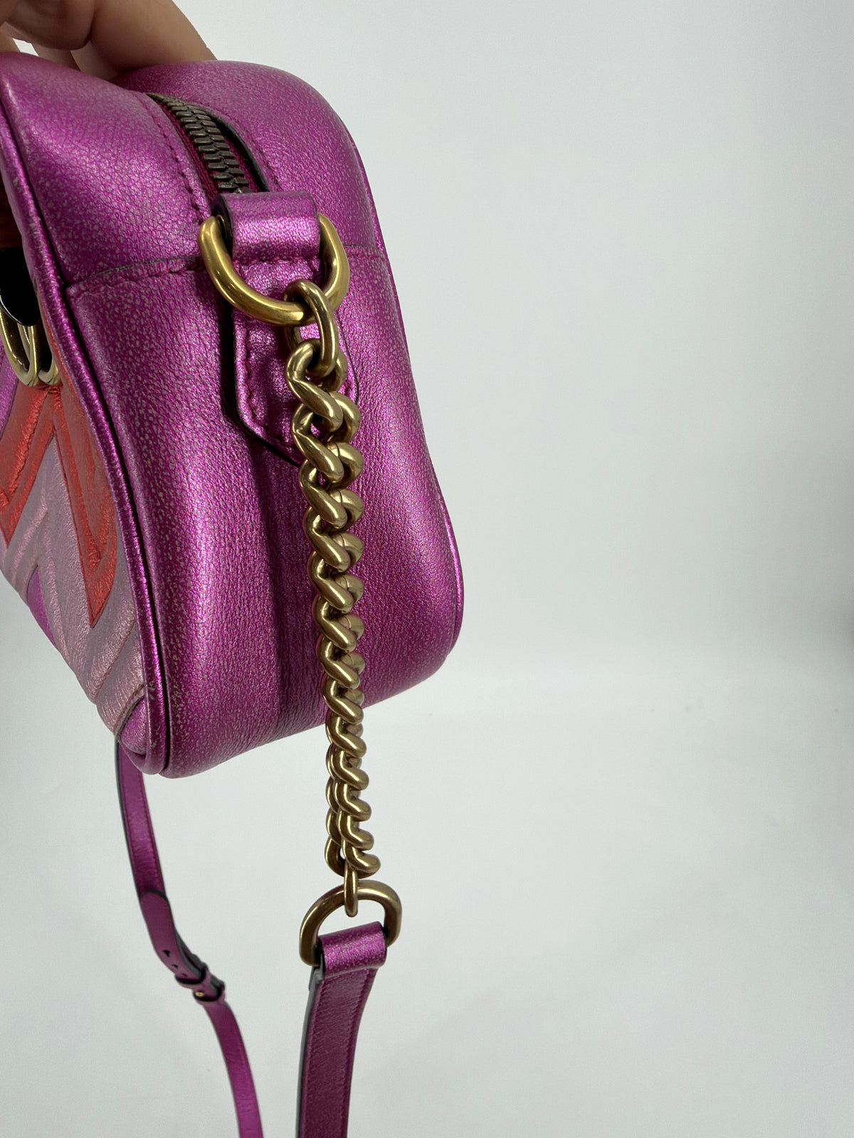 Gucci GG Marmont Small Matelasse Camera Bag Metallic Pink Red Chevron Heart 447632