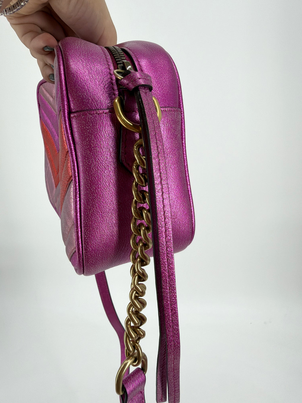 Gucci GG Marmont Small Matelasse Camera Bag Metallic Pink Red Chevron Heart 447632