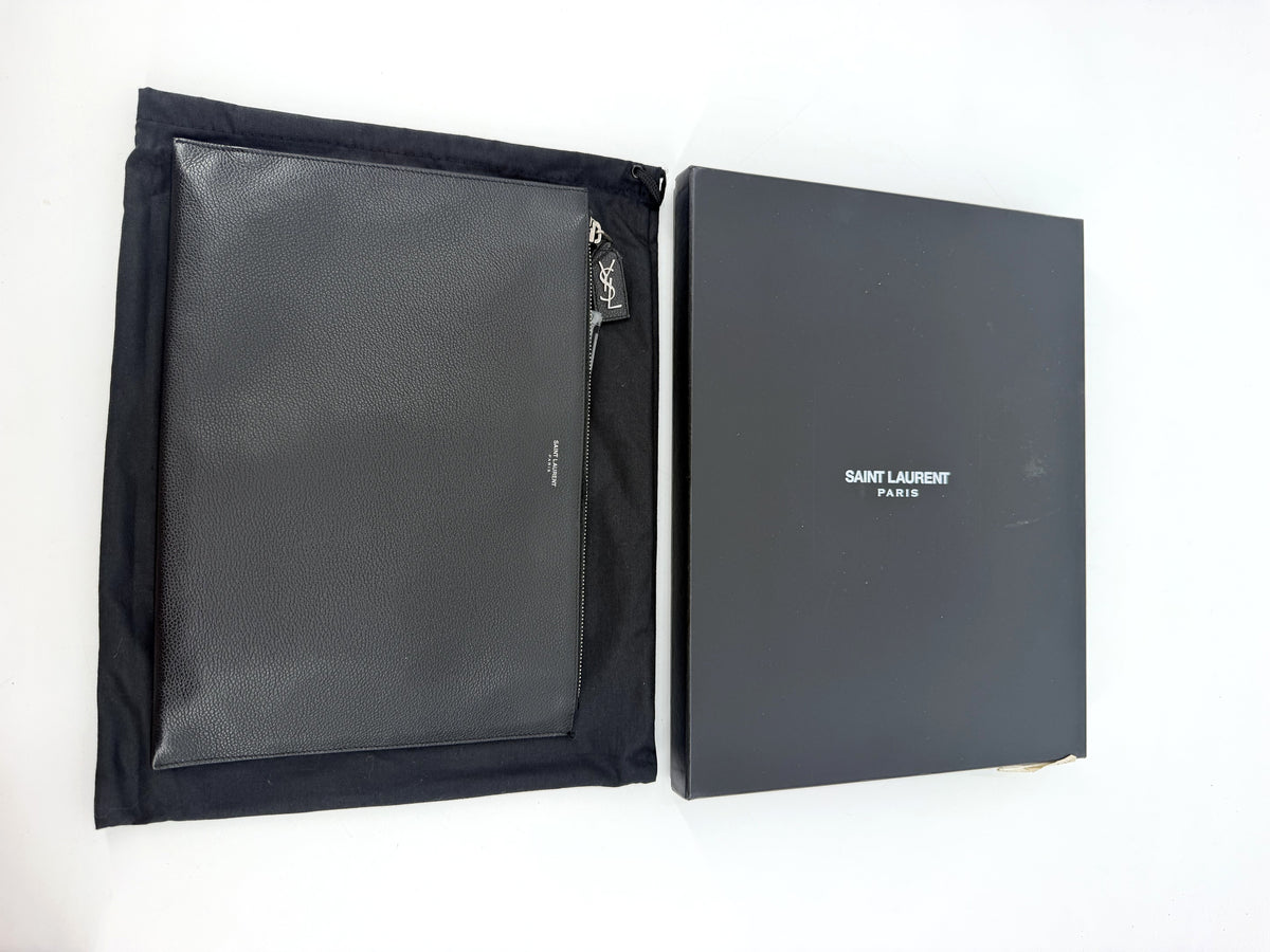 Saint Laurent Black Grain de Poudre Leather Zipped Tablet Holder Pouch