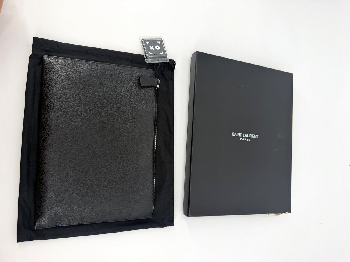 Saint Laurent Black Grain de Poudre Leather Zipped Tablet Holder Pouch