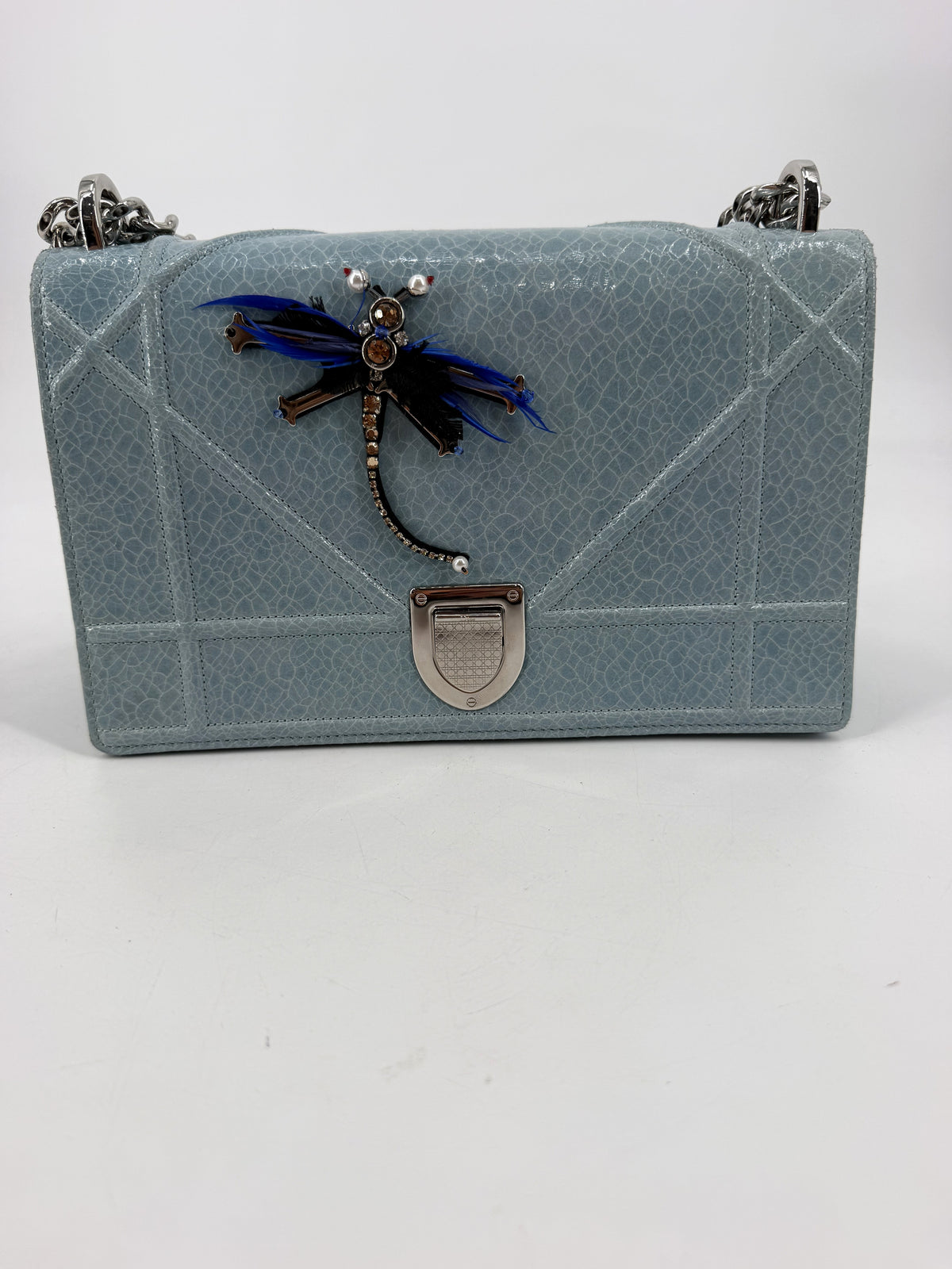 Christian Dior Diorama Medium Flap Bag Light Blue Crackled Patent Leather Dragonfly Silver