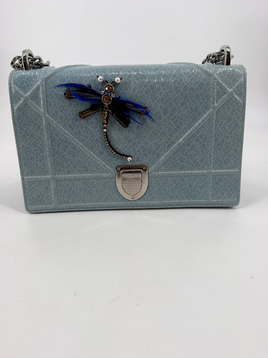 Christian Dior Diorama Medium Flap Bag Light Blue Crackled Patent Leather Dragonfly Silver