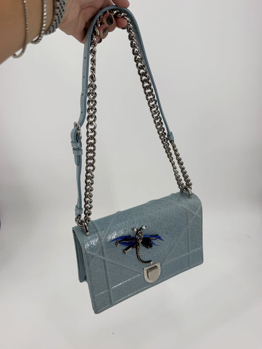 Christian Dior Diorama Medium Flap Bag Light Blue Crackled Patent Leather Dragonfly Silver