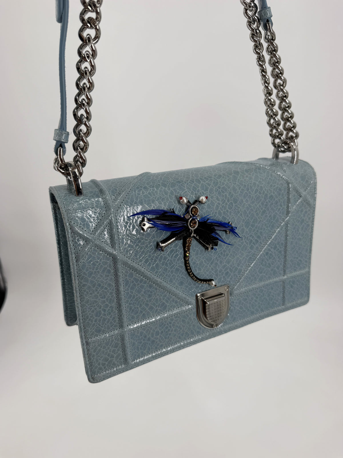 Christian Dior Diorama Medium Flap Bag Light Blue Crackled Patent Leather Dragonfly Silver
