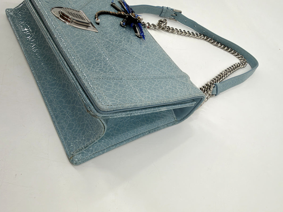 Christian Dior Diorama Medium Flap Bag Light Blue Crackled Patent Leather Dragonfly Silver