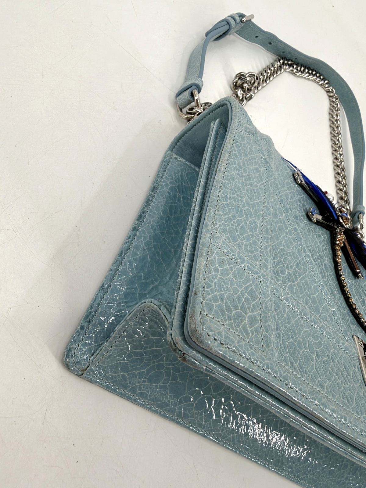 Christian Dior Diorama Medium Flap Bag Light Blue Crackled Patent Leather Dragonfly Silver