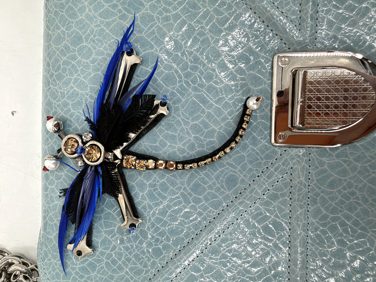 Christian Dior Diorama Medium Flap Bag Light Blue Crackled Patent Leather Dragonfly Silver