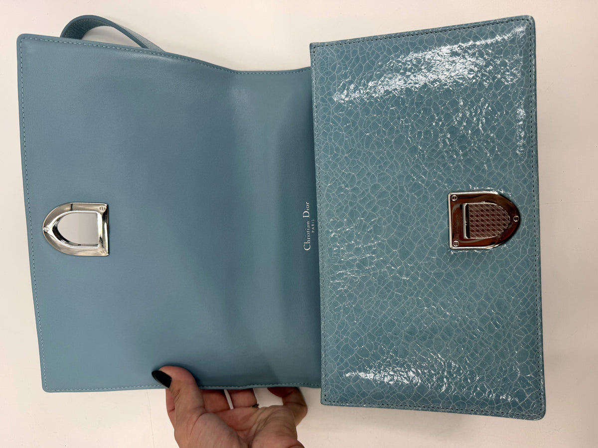 Christian Dior Diorama Medium Flap Bag Light Blue Crackled Patent Leather Dragonfly Silver