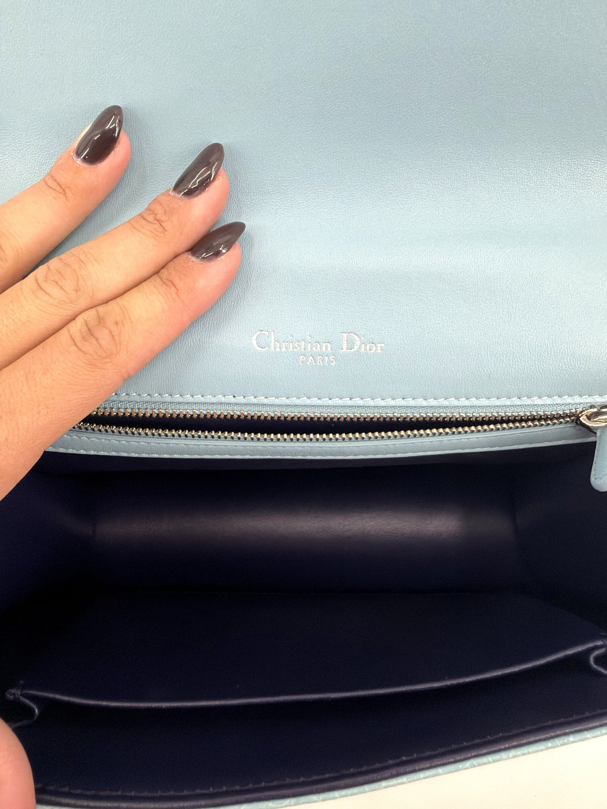 Christian Dior Diorama Medium Flap Bag Light Blue Crackled Patent Leather Dragonfly Silver