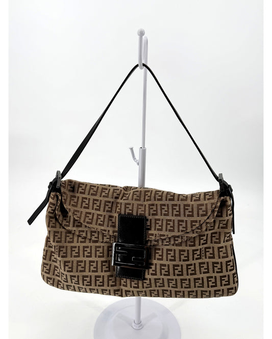 Fendi Zucchino Canvas Shoulder Bag Brown Tobacco FF Buckle Flap Vintage