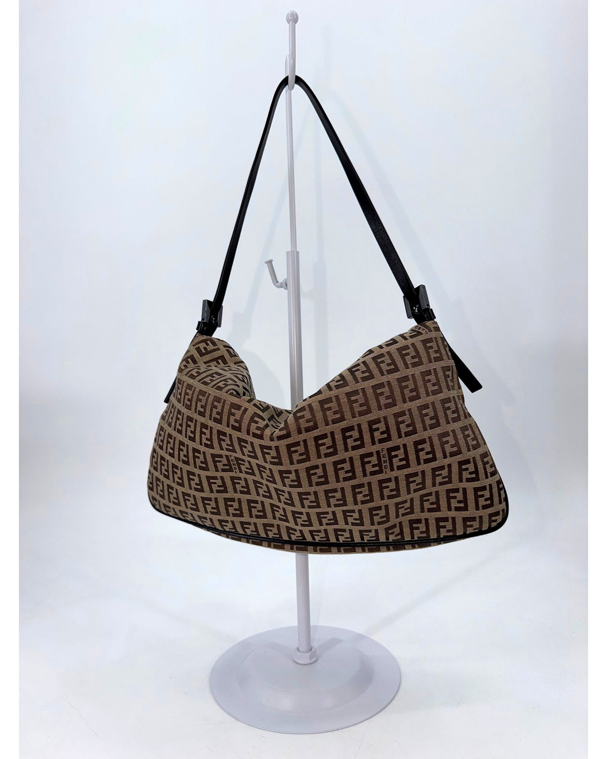 Fendi Zucchino Canvas Shoulder Bag Brown Tobacco FF Buckle Flap Vintage