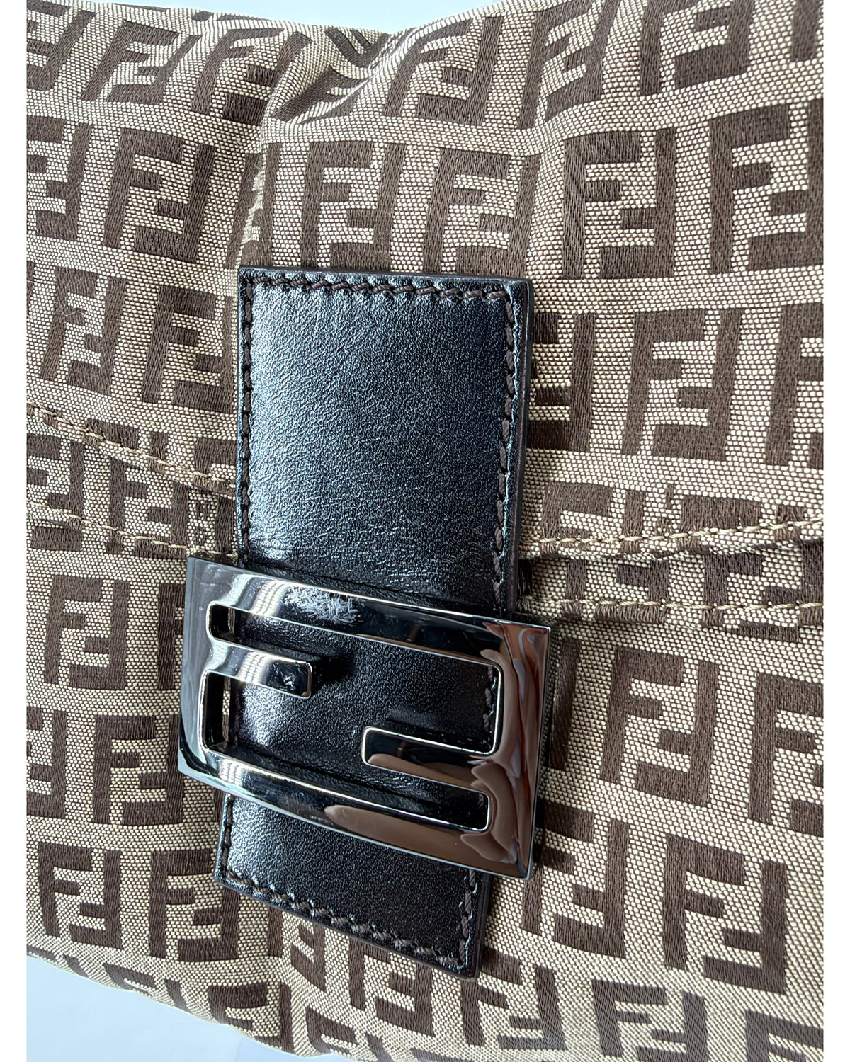Fendi Zucchino Canvas Shoulder Bag Brown Tobacco FF Buckle Flap Vintage