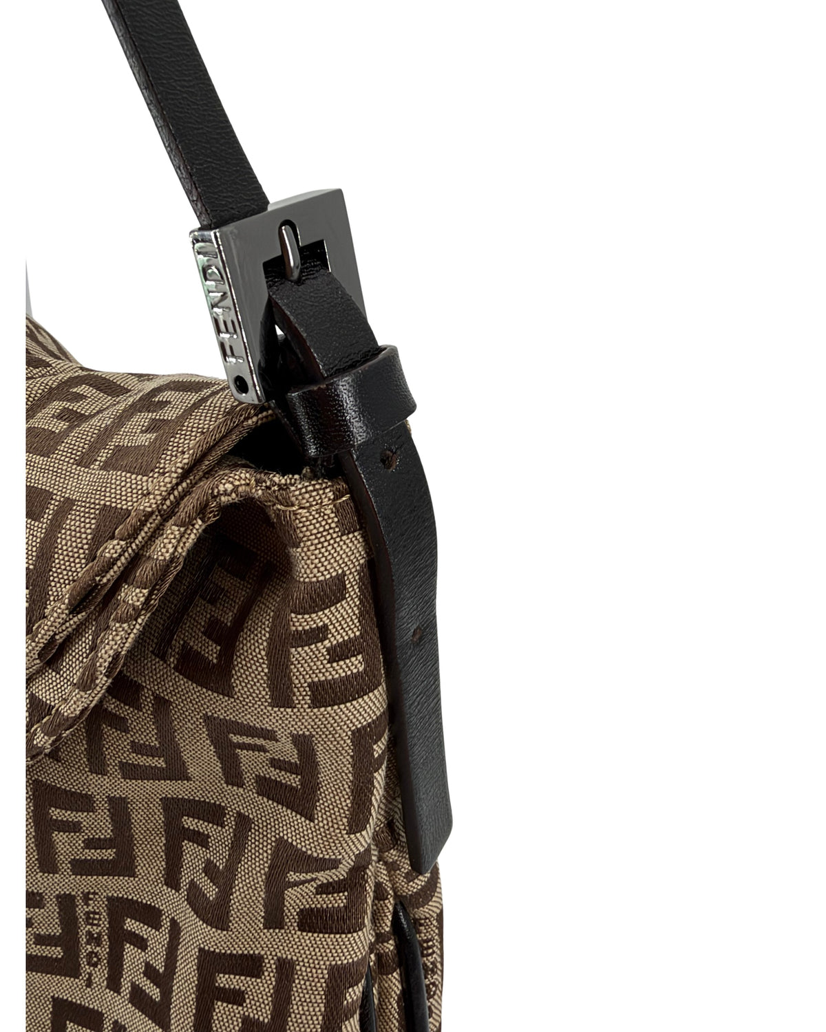 Fendi Zucchino Canvas Shoulder Bag Brown Tobacco FF Buckle Flap Vintage