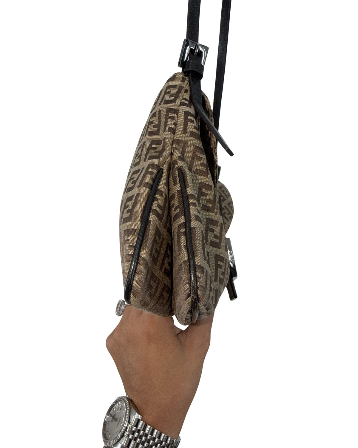 Fendi Zucchino Canvas Shoulder Bag Brown Tobacco FF Buckle Flap Vintage