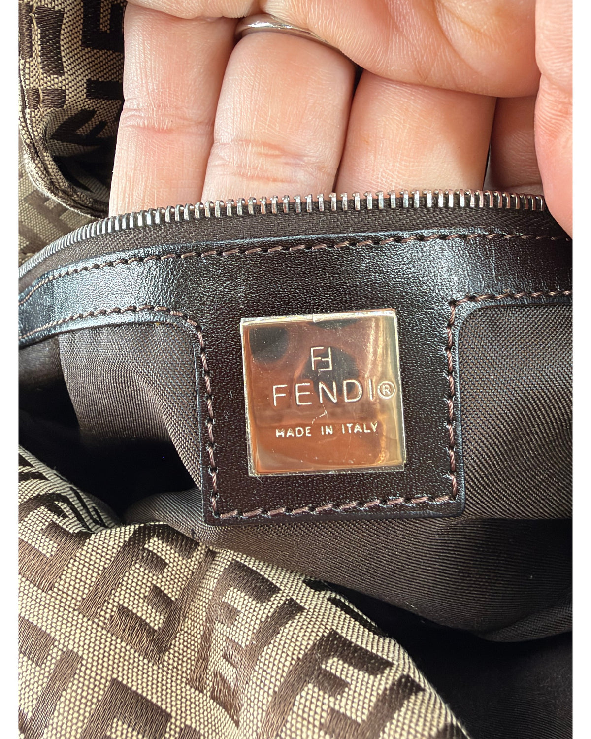 Fendi Zucchino Canvas Shoulder Bag Brown Tobacco FF Buckle Flap Vintage
