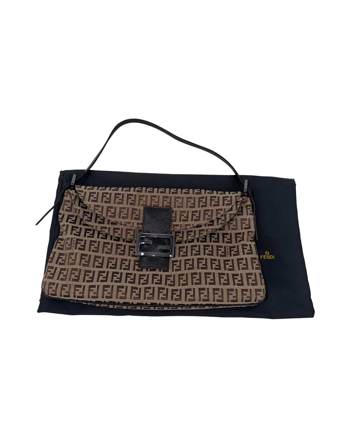 Fendi Zucchino Canvas Shoulder Bag Brown Tobacco FF Buckle Flap Vintage