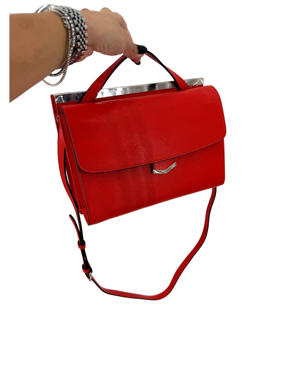 Fendi Demi Jour Top Handle Bag Red Calf Leather Palladium Hardware