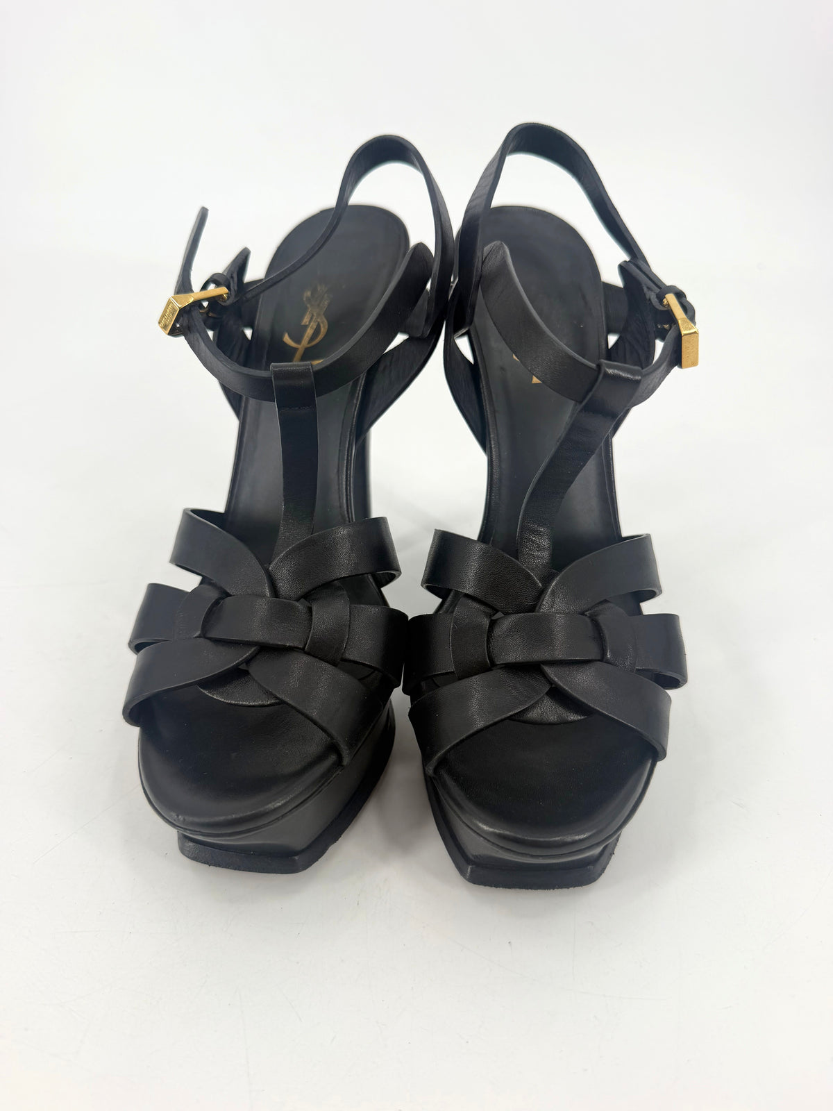 Saint Laurent Tribute 105 Black Leather Platform Sandals Size 37.5